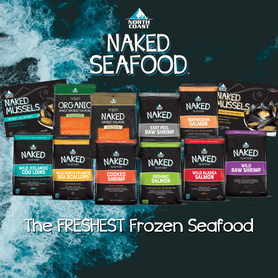 naked seafood products on water - salmon, shrimp, cod, scallops, and mussels