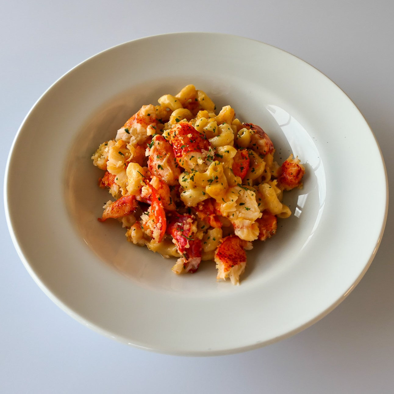 lobster macaroni and cheese in a white bowl