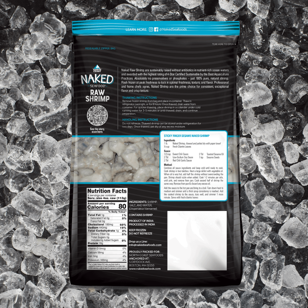 Naked raw shrimp back of bag on a bed of ice