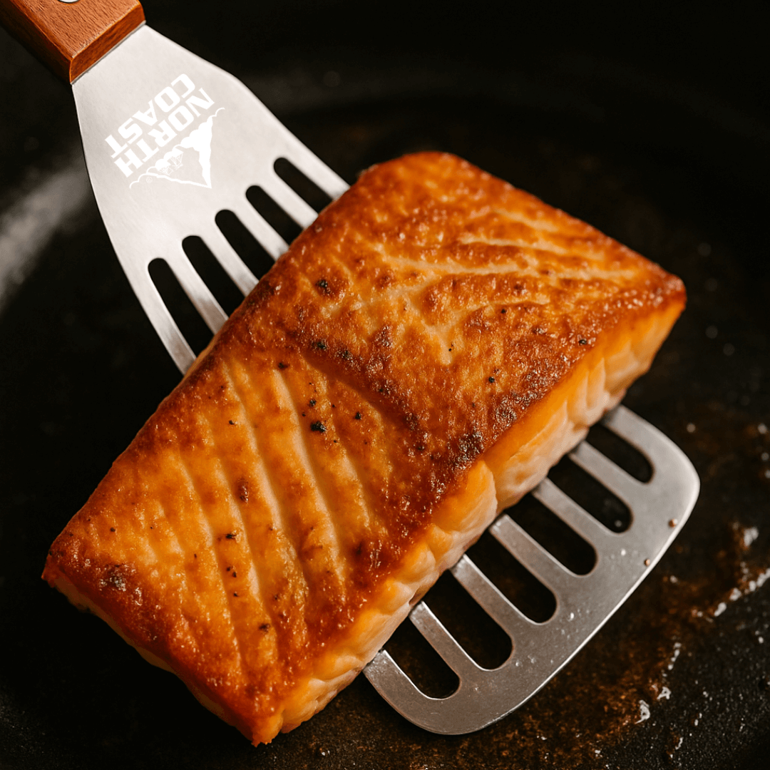 spatula for fish picking up a piece of seared salmon from a black pan