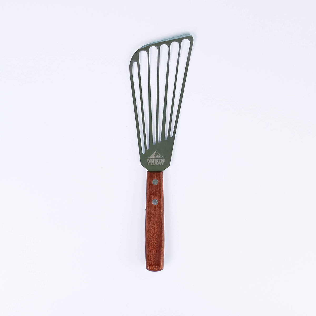best fish spatula with a wooden handle and north coast seafoods logo on a white background