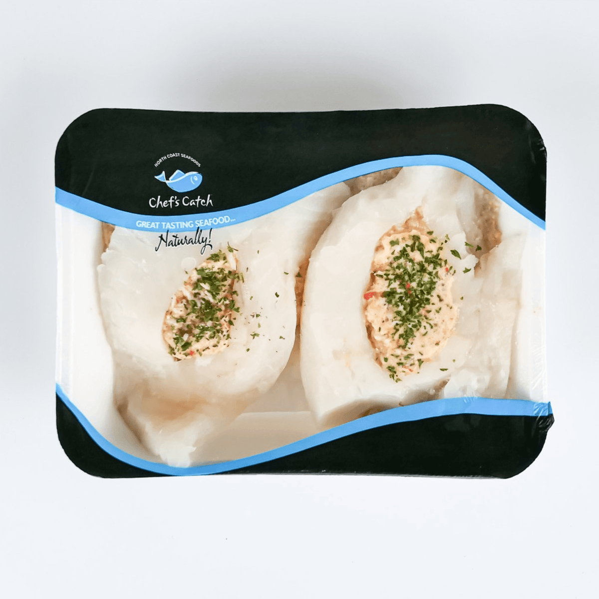 stuffed cod portions in a tray pack