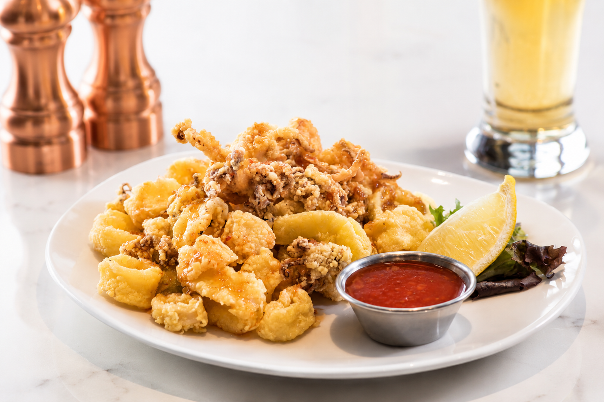 A plate of golden fried calamari rings with a crispy breadcrumb coating, served with a lemon wedge, a small cup of red dipping sauce, and garnish on a white plate. The background shows a light marble table with blurred copper-colored salt and pepper shakers and a glass of beer.