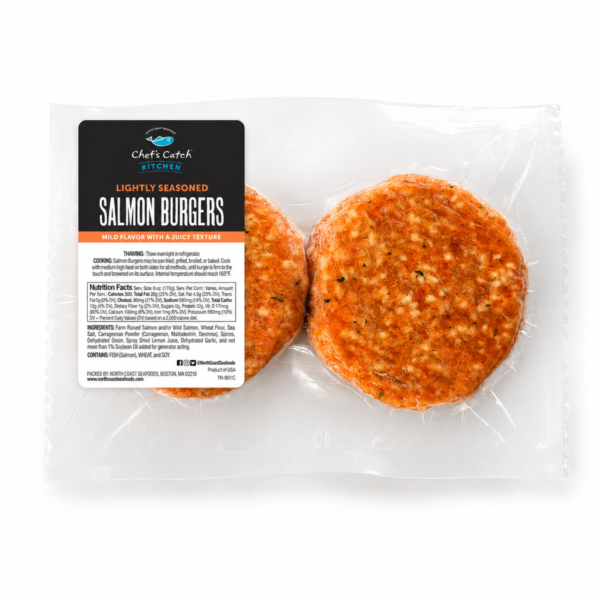 Chef's Catch Kitchen lightly seasoned salmon burgers in a clear plastic bag with a black and orange label, showing two round patties on a white background.