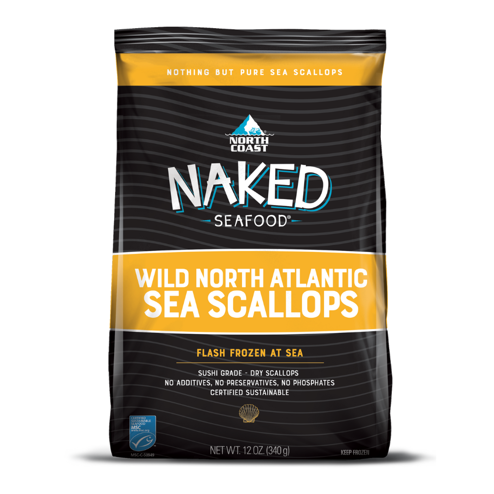frozen scallops Naked Seafood brand front of bag