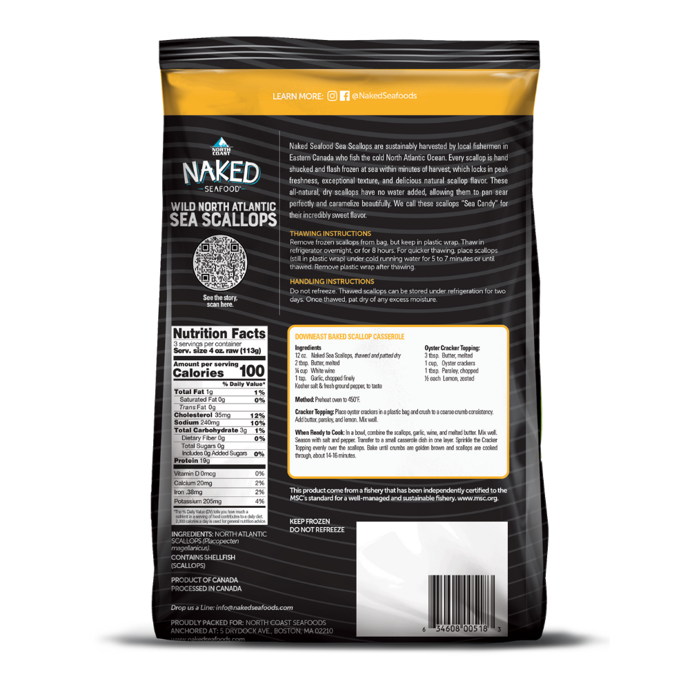 frozen scallops Naked Seafood brand back of bag