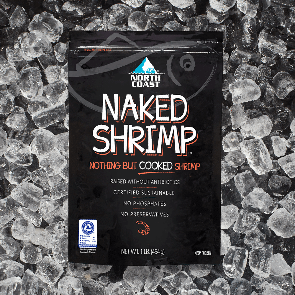 bag of cooked naked shrimp on a bed of ice