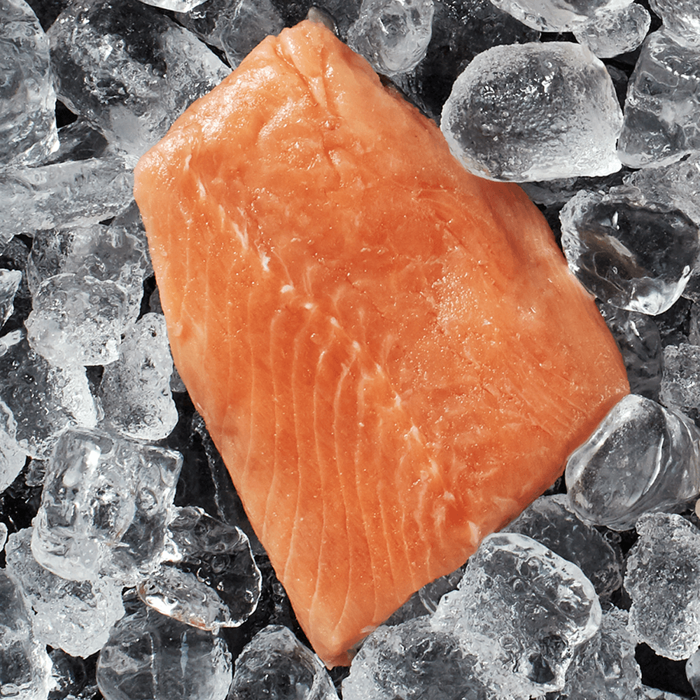 wild Alaskan salmon portions on a white plate with garlic herbs and lemon