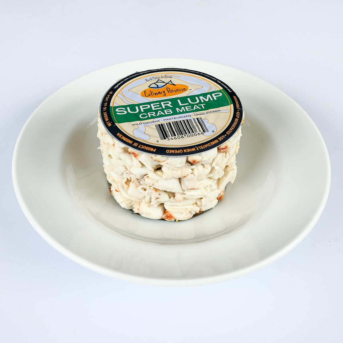Culinary Reserve super lump crab meat with top of can in a white bowl