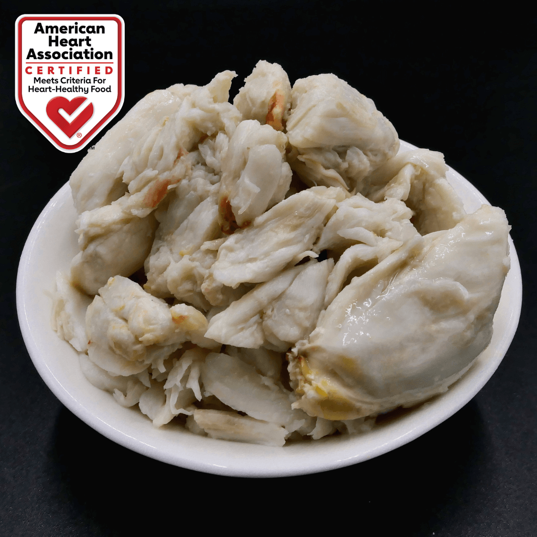 super lump crab meat in a small white bowl with American heart association heart healthy logo