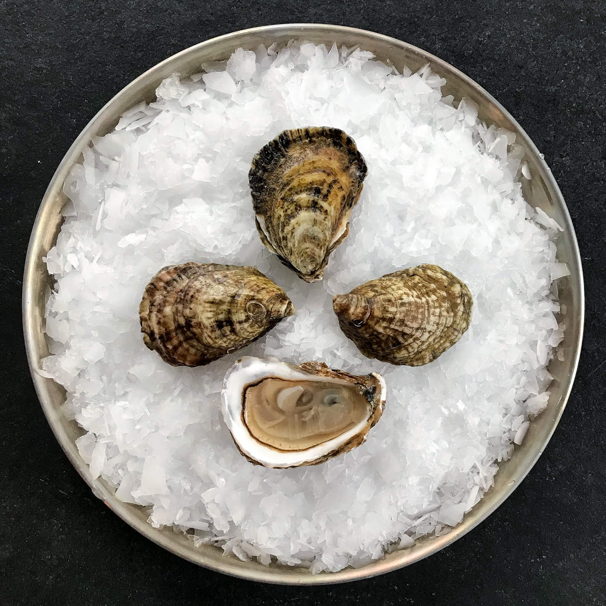 four fresh Wellfleet oysters on a bed of shaved ice